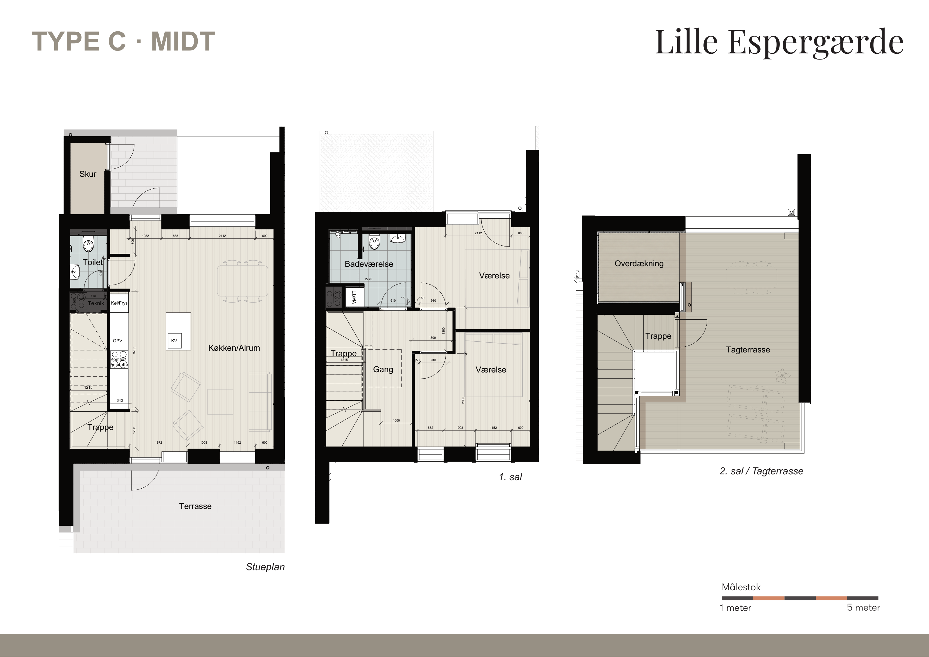 Type C · Midt: Stueplan, 1. sal og 2. sal med tagterrasse samlet på én side.
